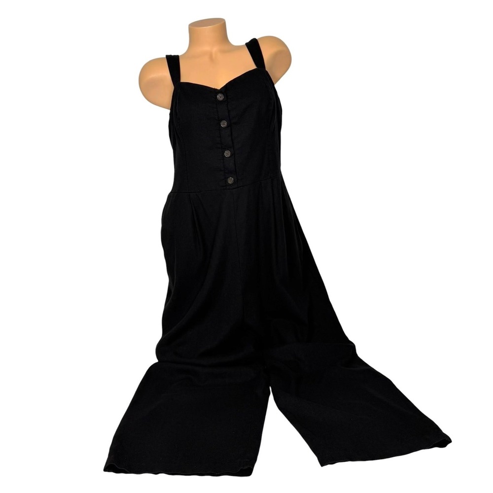 Old Navy XL Black Linen Blend Wide Leg Button Front Smocked Pockets Jumpsuit